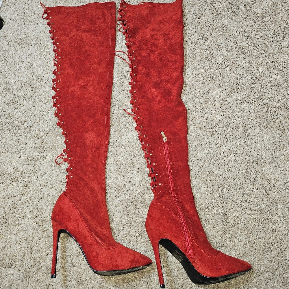 Melly Red Thigh High Boots with lace up back